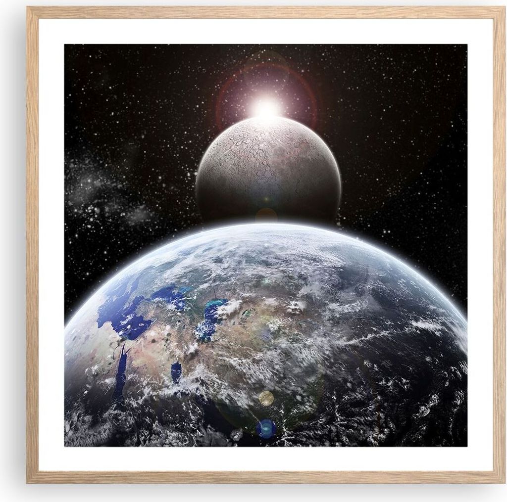 Gerahmtes Poster - Rahmen in heller Eiche - Apokalypse Meteorit Sterne Planet - 60x60 cm - Wand Bild - Wanddeko - Wandbilder - Wandposter - Bilderr...