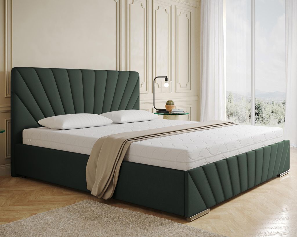 Polsterbett RAY - Komfortbett mit Stauraum, Doppelbett, Dunkelgrün, 180x200cm, Taschenfederkernmatratze mit Kokosmatte, H3