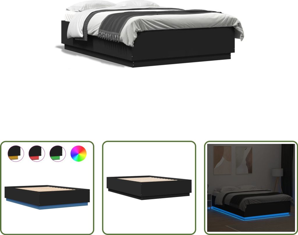 The Living Store Bettgestell mit LED Schwarz 150x200 cm Holzwerkstoff