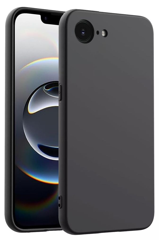 A black phone case is shown from a diagonal angle, with a smartphone partially visible behind it.