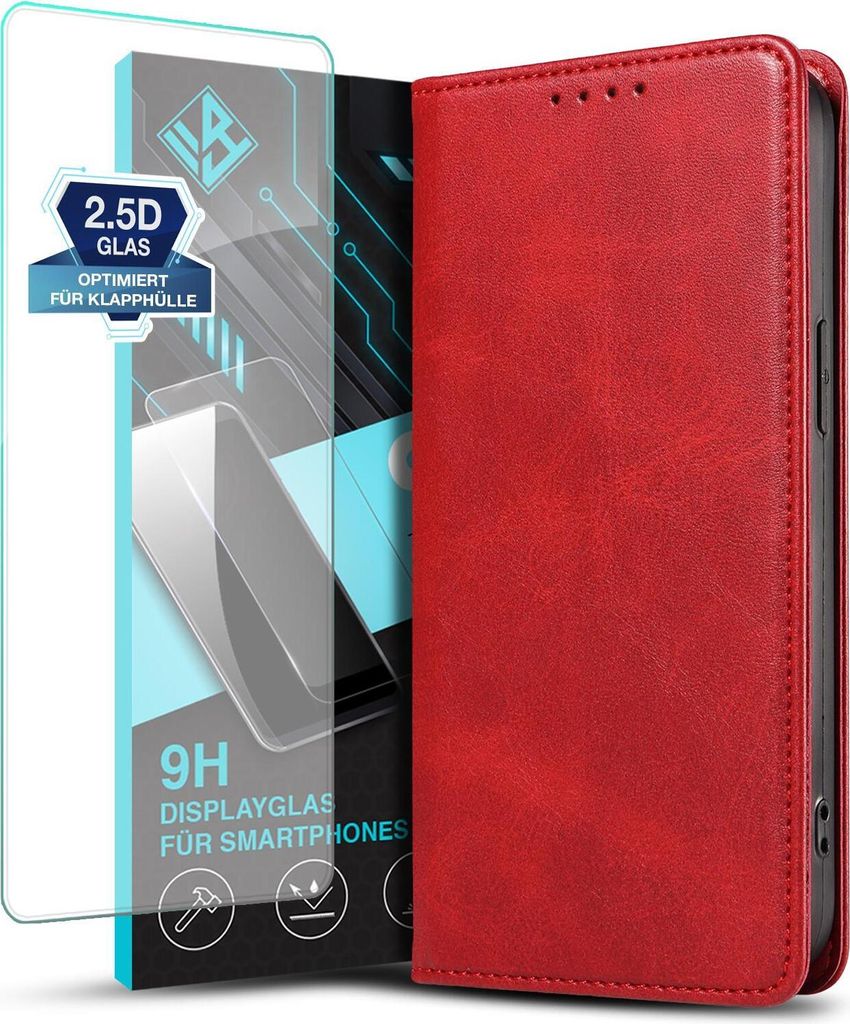 Handyhülle für Apple iPhone 16 Pro Max mit 9H Displayglas Kunstleder Flip Cover Hülle Handytasche Case Kartenfach Farbe: Rot