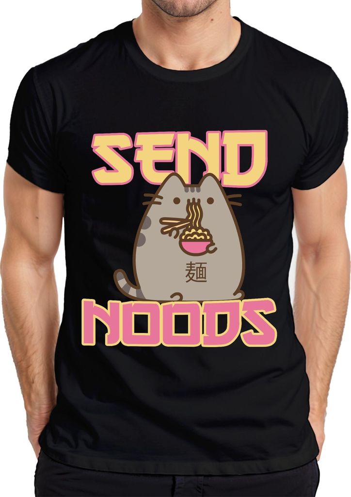 SEND NOODS Katze Nudeln Ramen Kawaii Lustig Geschenk süß Freundin Herren T-Shirt, Schwarz, XXL