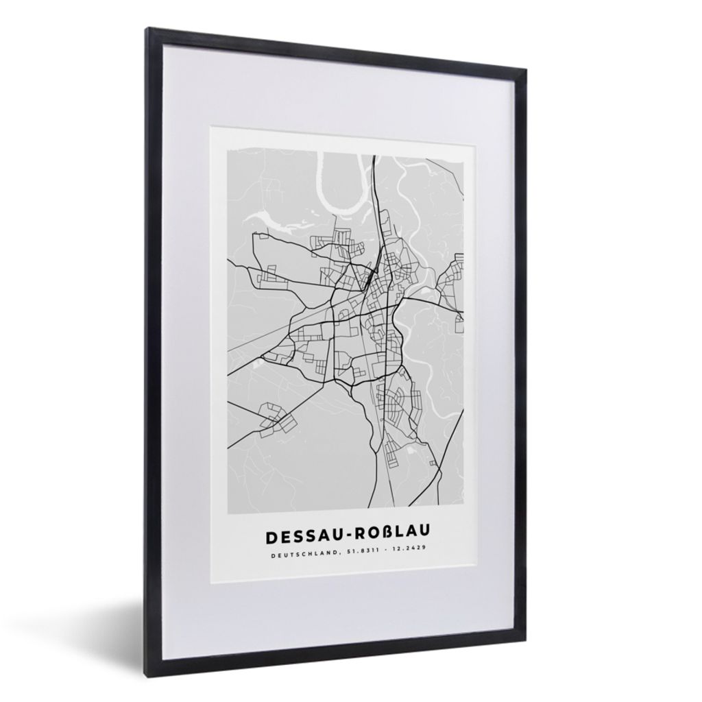 MuchoWow Gerahmtes Poster Deutschland - Stadtplan - Karte - Dessau-Roẞlau 40x60 cm - Poster mit Schwarzem Bilderrahmen Wandposter Rahmen Foto B...