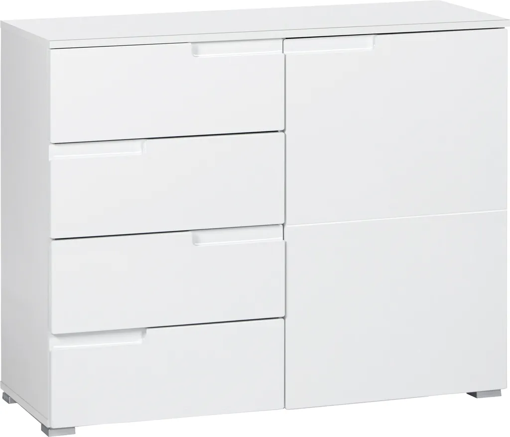 Buffet de rangement blanc laqué 100 cm - Meuble bas 1 porte et 4 tiroirs