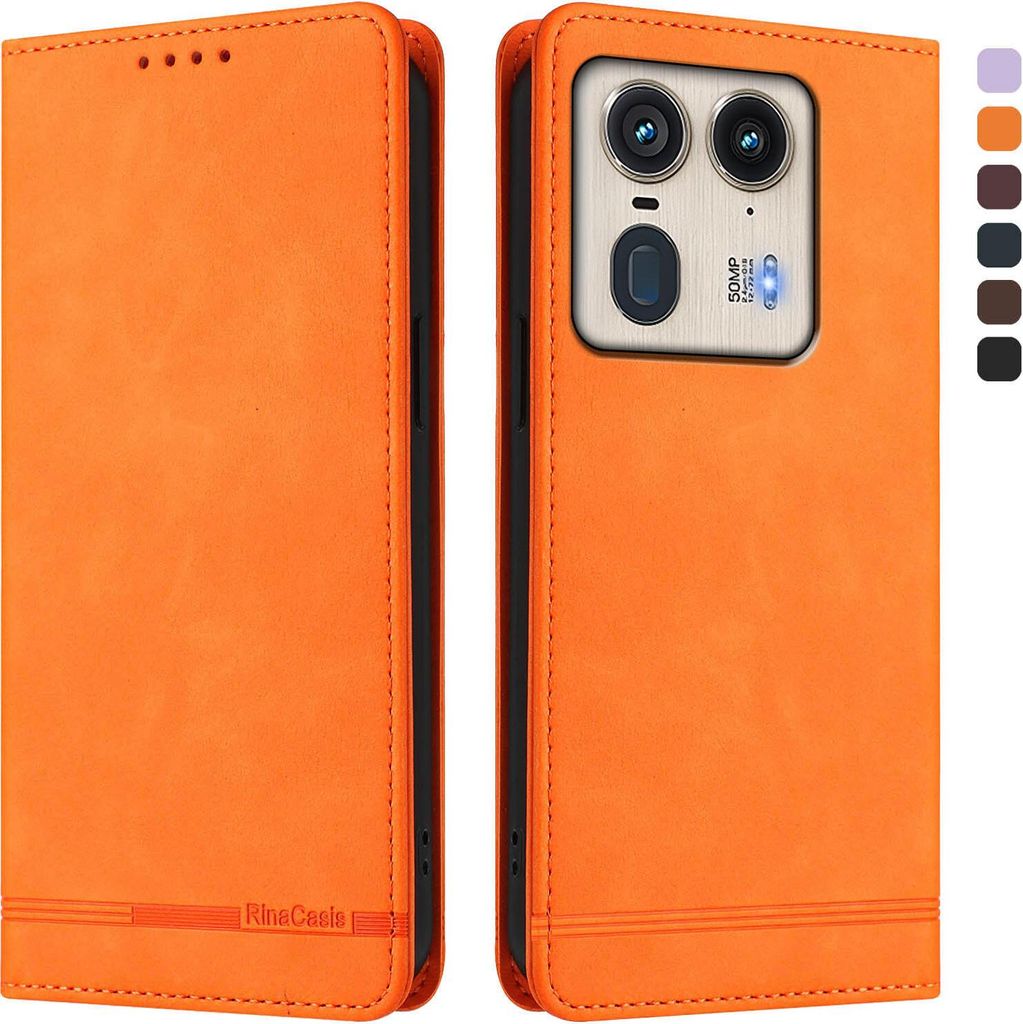 Hülle für Motorola Edge 50 Ultra, Retro Kunstleder Ständer Klapphülle mit Kartenfächer und Magnetische Orange