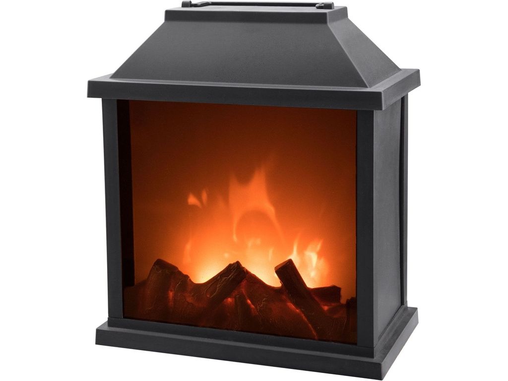 A black electric fireplace with LED flames.
