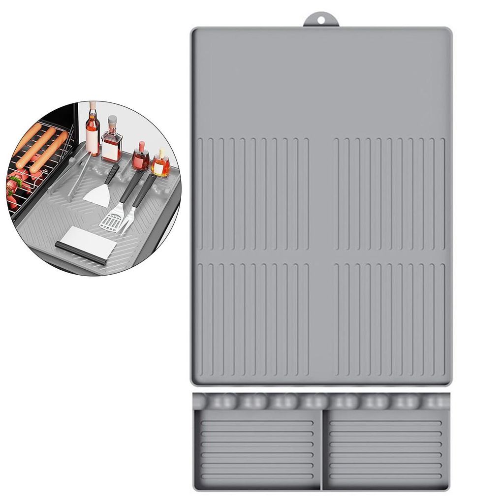 Silikon Grillablage - Hitzebeständige Grillmatte & Werkzeughalter für BBQ, Rutschfeste Gewürzablage Seitlich, 42.5 x 30 cm Grau