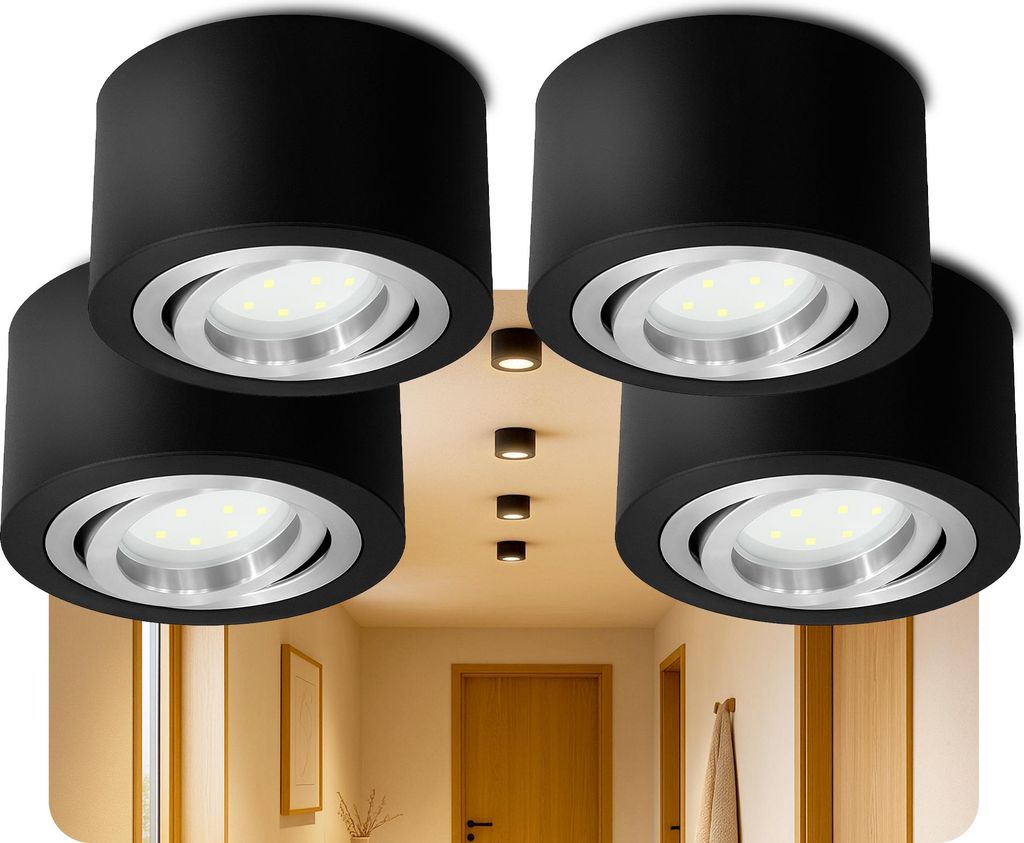 SSC-LUXon 4 Stück LANTI Aufbauspot schwarz rund mit silber Innenring – Deckenspot schwenkbar für LED Modul – Strahler für Küche & Flur