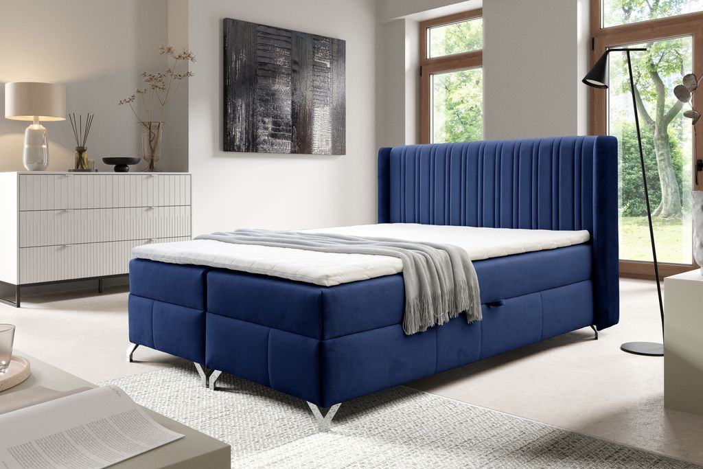 Boxspringbett MADDIE 180x200 cm, Dunkelblau, mit Bettkasten Bett mit Topper und Bonellmatratze Polsterbett Familienbett Schlafzimmer Bett mit Staur...