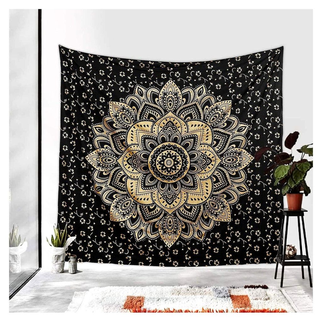 Traditionelles indisches Mandala-Hippie-Wandbehang, Baumwoll-Tapisserie, Ombré-Stil, Bohemian-Tagesdecke (King (225 x 265 cm), schwarz-goldene Blume)