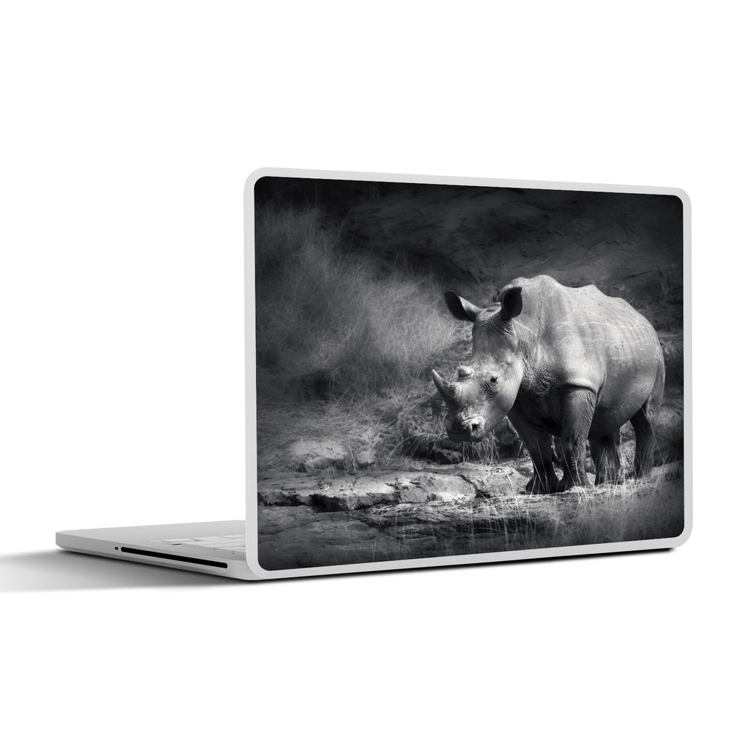 MuchoWow Laptop Aufkleber Sticker Cover Rhinozeros - Natur - Gras - Schwarz - Weiß 31x22.5 cm - Laptop-Deko