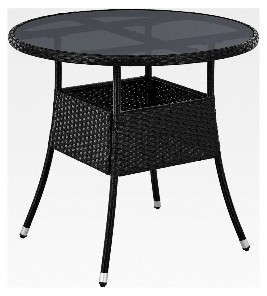 Polyrattan Gartentisch Yoro wetterfest - Rundtisch Ø 80 cm - Rattan Beistelltisch mit Glasplatte - Kleiner Tisch für Balkon - Schwarz
