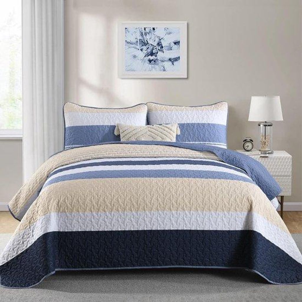 Famanu Sprei 240x260 cm blau, Mikrofaser Wohndecke mit Streifenmuster
