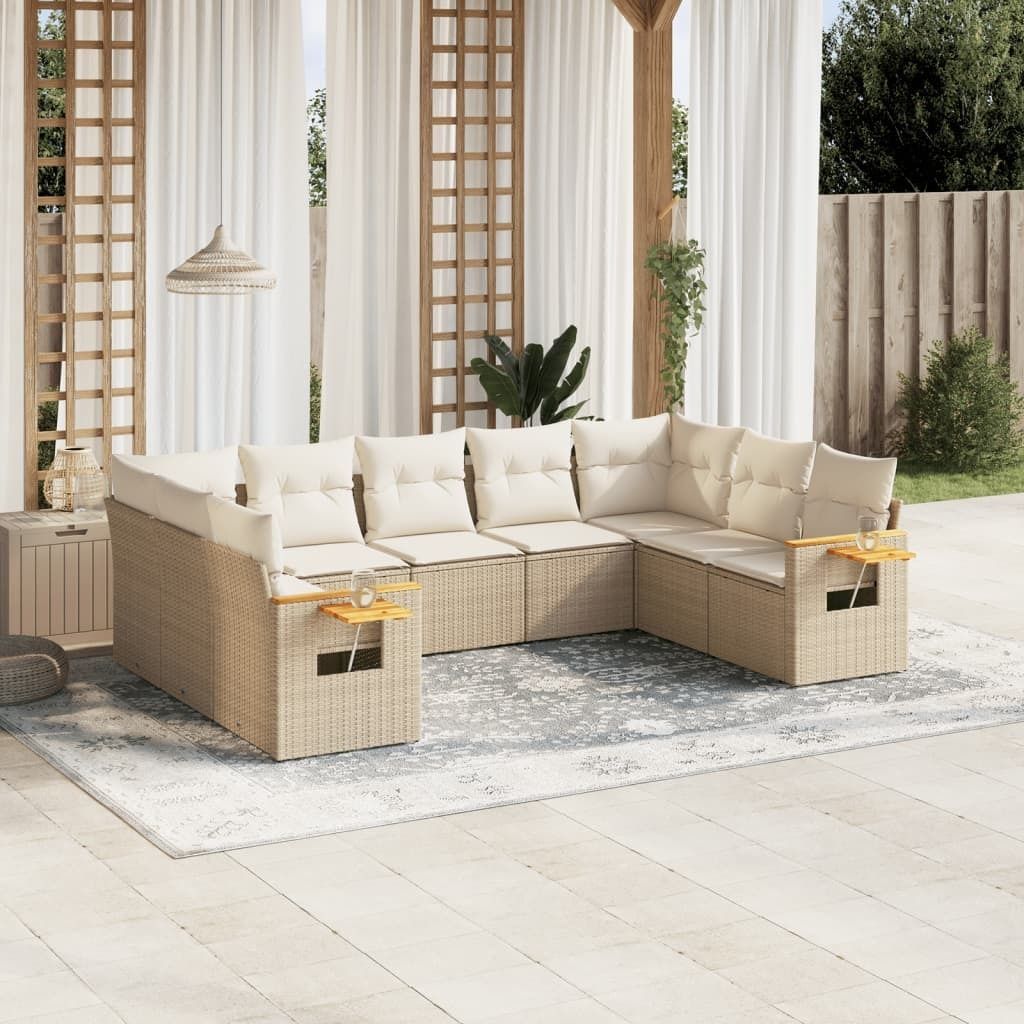 Design 9-tlg. Garten-Sofagarnitur mit Kissen Beige Poly Rattan, Gartenmöbel-Sets 2024 Neu