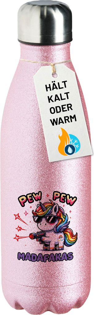 Huuraa Trinkflasche Pew Pew cooles Einhorn 500ml Pink Edelstahl Wasserflasche Trinkflasche Geschenkidee