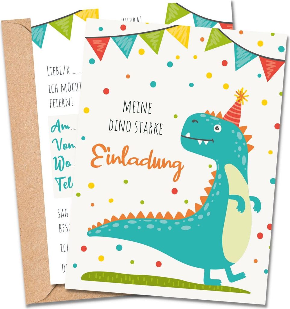MeinBaby123 10 Einladungskarten Kindergeburtstag inkl. Umschläge | Dino
