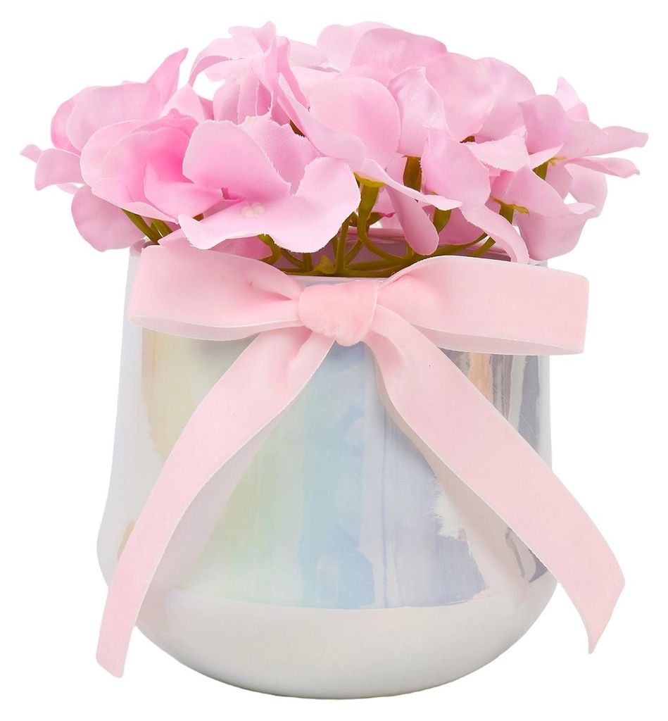 Künstliche Blume in Keramikvase mit Seidenschleife – Weiches, realistisches Kunstblumenarrangement – Tischdekoration für Zuhause