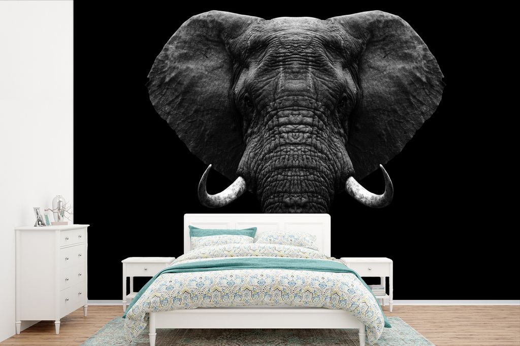 MuchoWow Fototapete für Wohnzimmer oder Schlafzimmer Wandtapete Vinyl Motivtapete Tiere - Elefant - Porträt - Schwarz - Weiß - 600x400 cm - Vi...