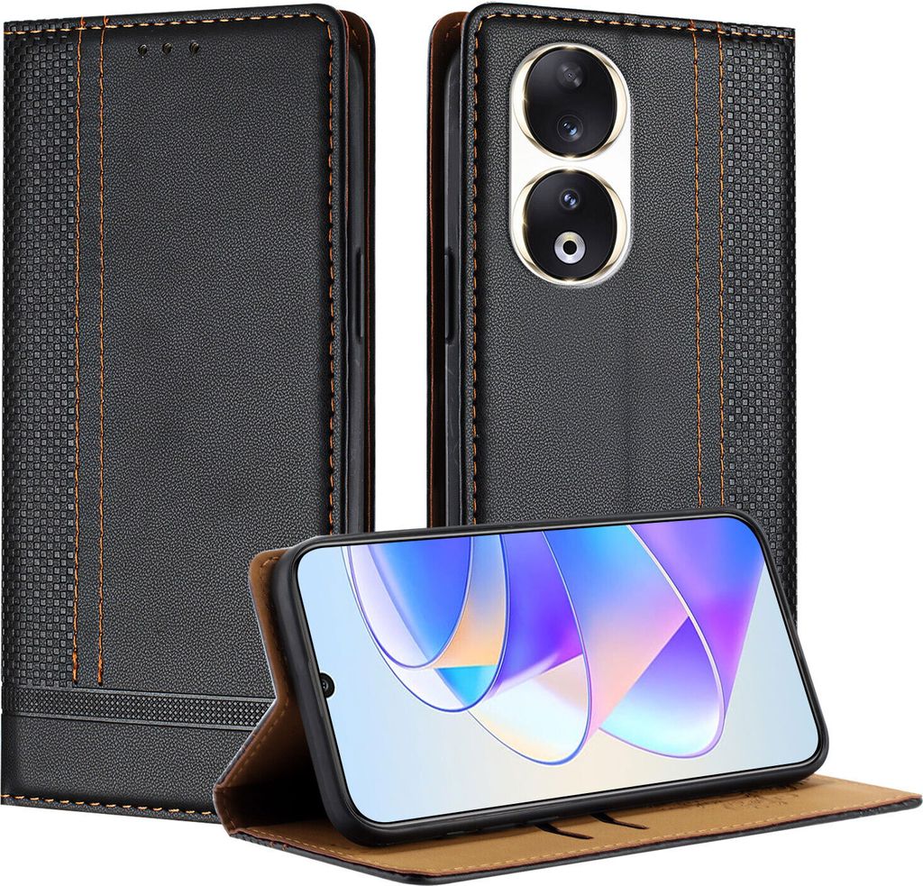 Handyhülle für Honor 90 Leder Flip Klappbare Schutzhülle mit Standfunktion Schwarz