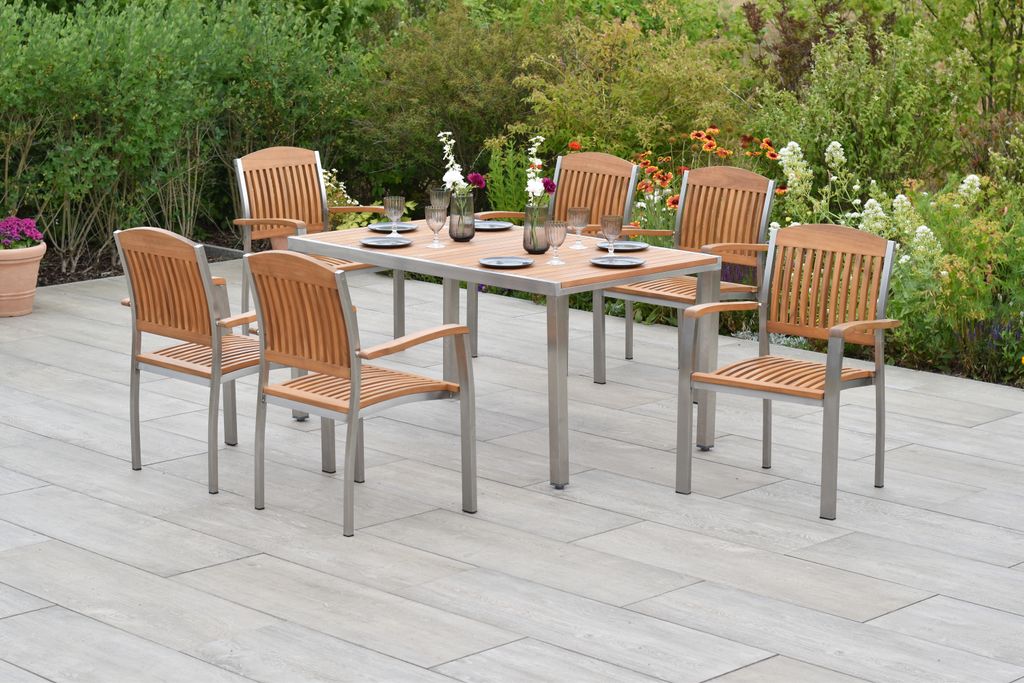 Merxx Gartenmöbelset "Keros" 7tlg. mit Tisch 150 x 90 cm - Edelstahlgestell mit Akazienholz