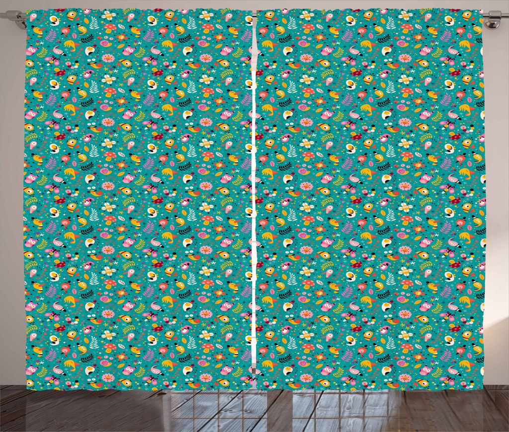 ABAKUHAUS Vögel Rustikaler Vorhang, Lustige Waldvögel Blumen, Wohnzimmer Universalband Gardinen mit Schlaufen und Haken, 280 x 225 cm, Mehrfarbig