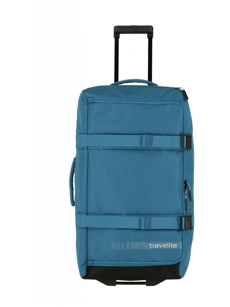 A blue Travelite suitcase with a black handle and wheels, shown against a white background.