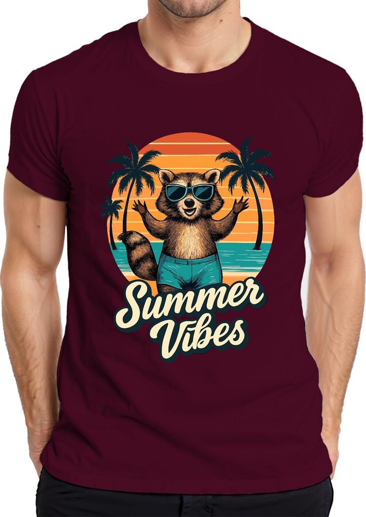 Summer Vibes Waschbär Sonnenbrille Strand Palmen Retro Vintage Herren T-Shirt, Burgundy, M