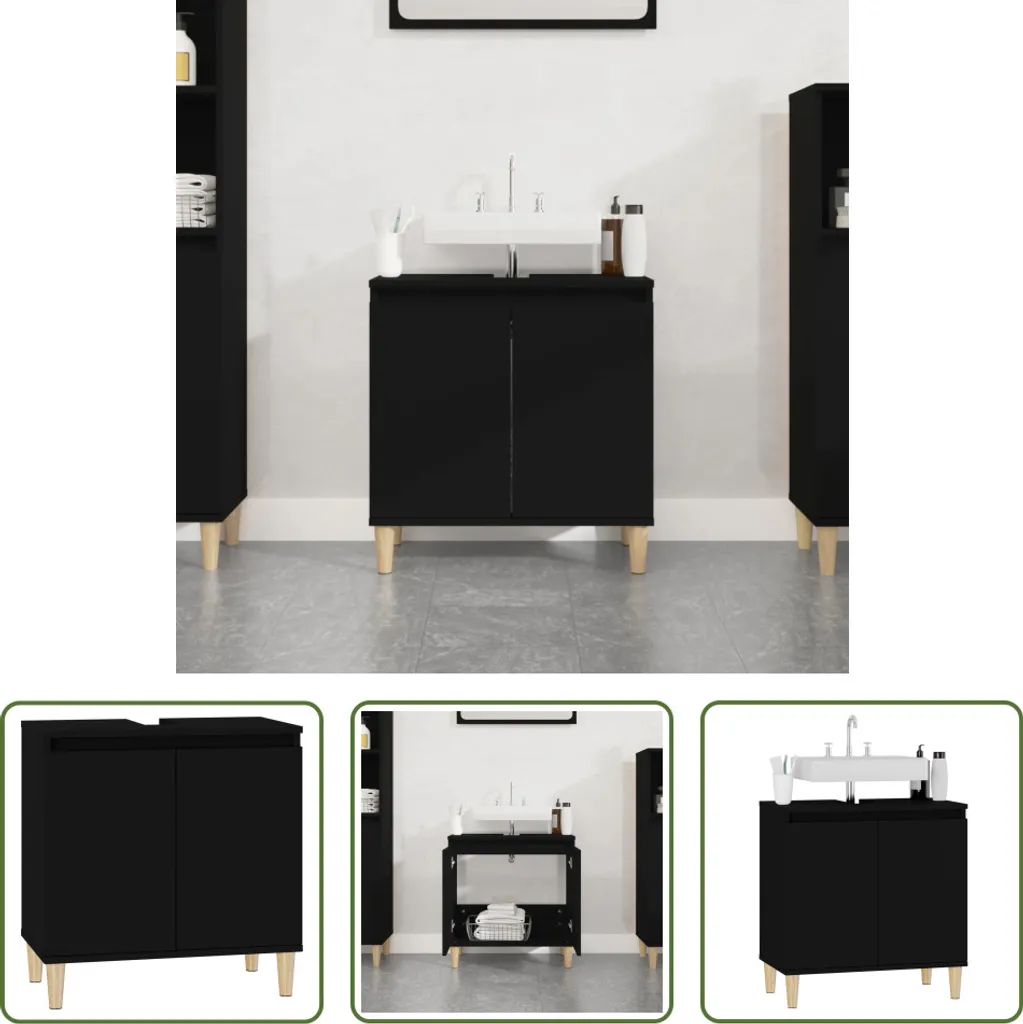 The Living Store Mobiletto Bagno Nero 58x33x60 cm - Legno Multistrato Robusto
