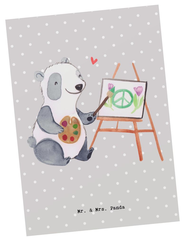 Mr. & Mrs. Panda Postkarte Künstler Herz - Grau Pastell - Geschenk, einzelkarte, Hobbymaler, Leinwand, Grußkarte, Acrylfarben, Postkarten, Ansich...