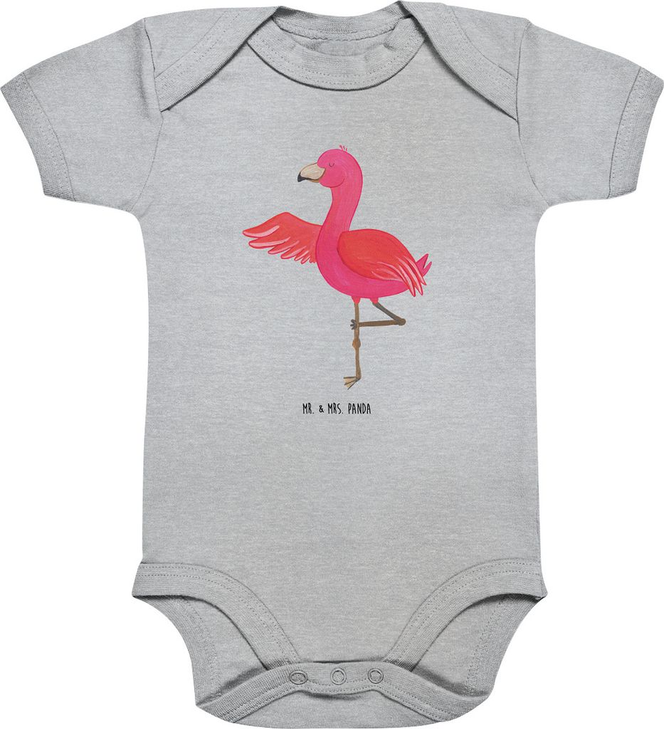 Mr. & Mrs. Panda Strampler Flamingo Yoga 3. - 6. Monat - Heather Grey - Geschenk, Babybody, Einteiler, body baumwolle, Baby, Yogi, Achtsamkeit, Url...