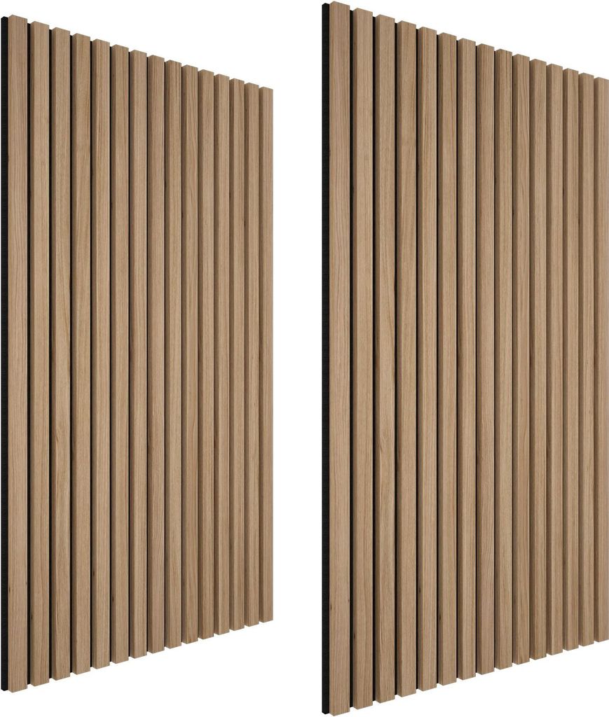 Two panels of wooden acoustic wall panels are shown side-by-side against a white background.