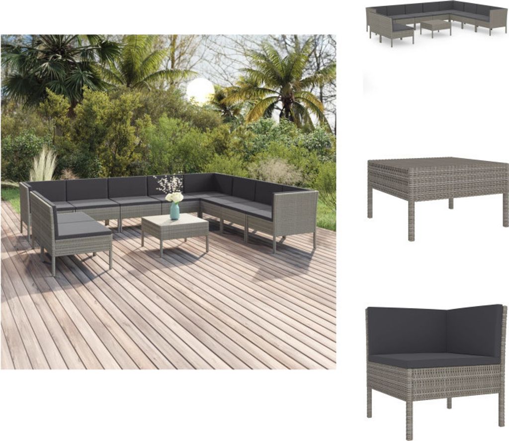 vidaXL 11-tlg. Garten-Lounge-Set mit Auflagen Poly Rattan Grau - Gartenmöbel-Sets