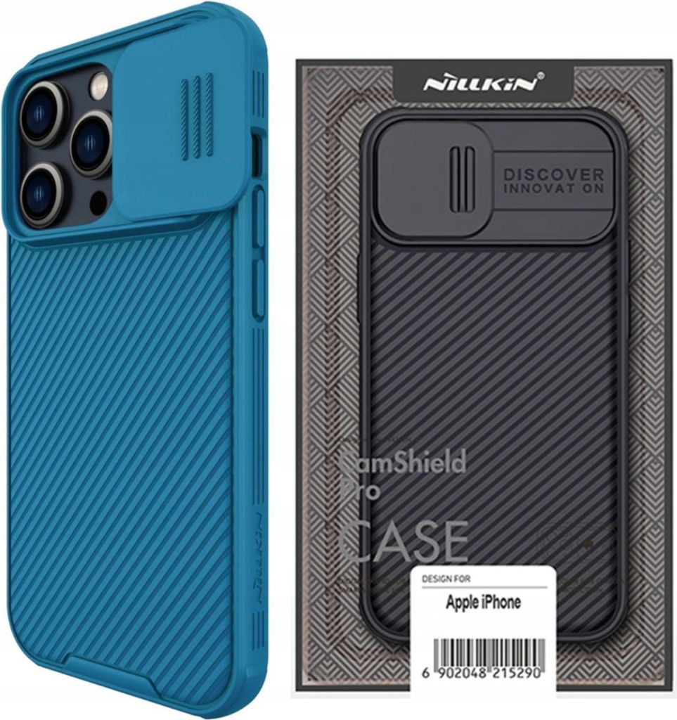 A blue iPhone 14 Pro Max case with a sliding camera cover is shown next to its packaging.