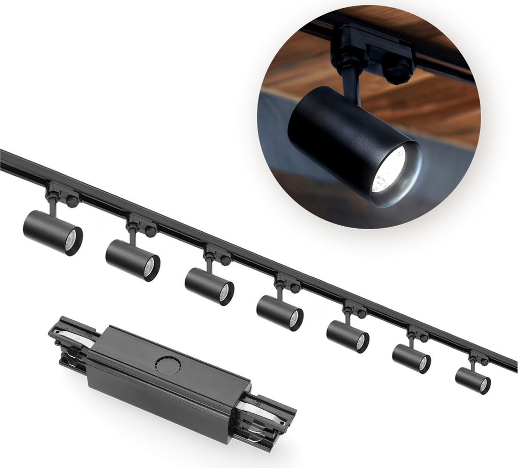 3-Phasen-Schienen-Set NEXTRACK - Schienensystem Komplett-Set 1m+2m Schiene, Schalter 'I', 7x Lampe, 2x Stecker SCHWARZ