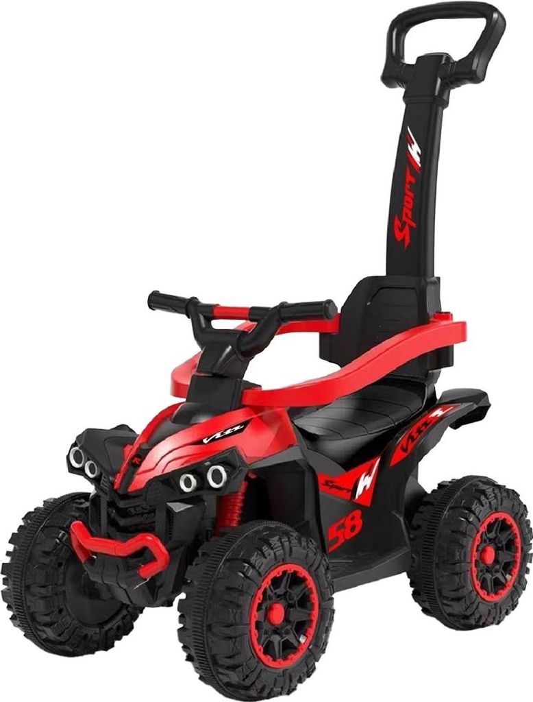 A red and black ride-on toy ATV with a push handle, shown against a white background.