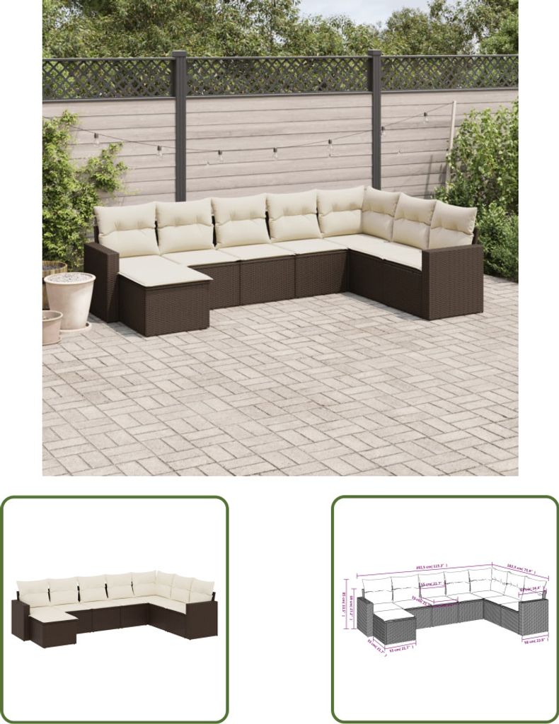 The Living Store 8-tlg. Garten-Sofagarnitur mit Kissen Braun Poly Rattan