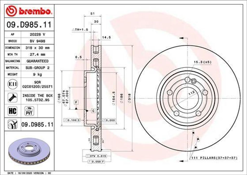 BREMBO 09.D985.11 Bremsscheibe OE 2474210712 kompatibel mit GLB, GLA, CLA, B-Klasse, A-Klasse