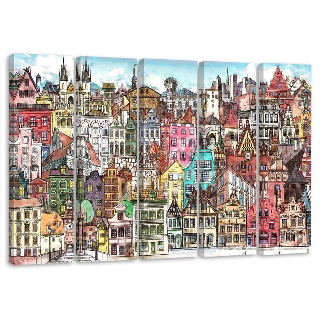 5-teiliges leinwandbild fröhliche stadt 150x100 cm Feeby farbe wandbild bereit zum aufhängen