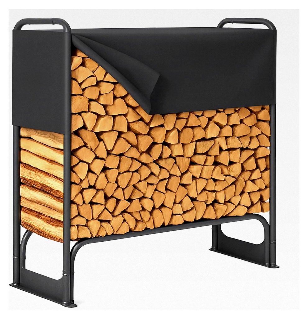 Kaminholzregal stufenlos verstellbar aus lackiertem Metall 130 x 36 x 117 cm | Brennholzregal mit 200 kg Tragkraft und Abdeckung
