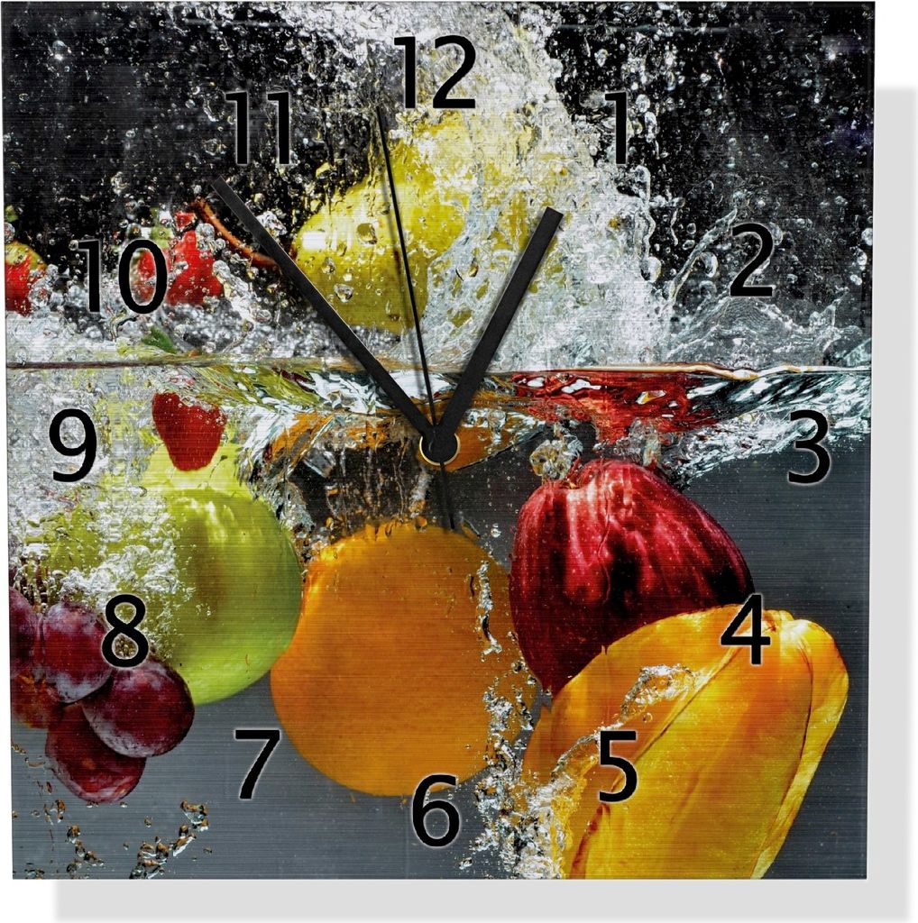 Wallario Design Wanduhr Früchte im und unter Wasser - Splashing Fruits aus Aluverbund, Größe 30 x 30 cm
