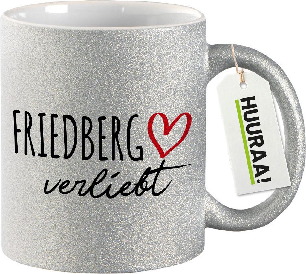 Huuraa Glitzertasse Friedberg verliebt 330ml Silber Keramik Kaffeebecher Geschenkidee