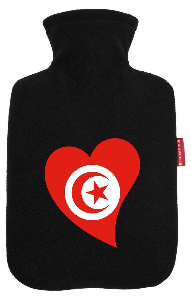 Huuraa Wärmflasche Tunesien Flagge Herz 1,8 Liter Black Classic Veloursbezug Bettflasche Geschenkidee