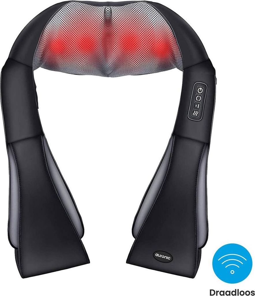 Auronic Shiatsu Massagekissen Kabellos - Elektrisches Nackenmassagegerät - Infrarot Massagegerät - Nacken und Schulter - Schwarz/Grau