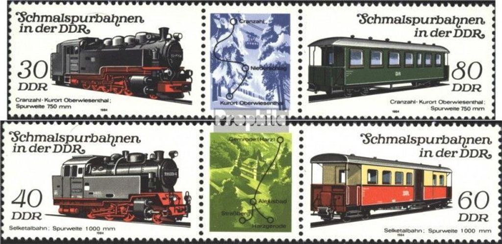 Briefmarken DDR 1984 Mi WZd577,WZd583 (kompl.Ausg.) (2864-67 als Dreierstreifen) gestempelt Schmalspurbahnen (IV)