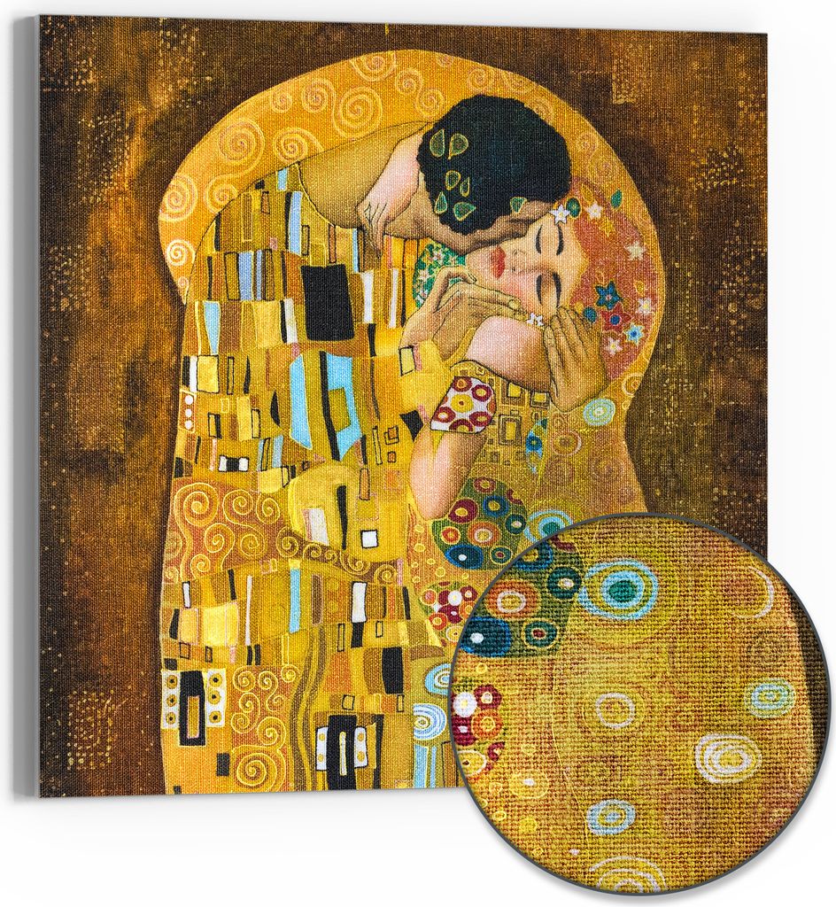 DEQORI Hybrid Leinwand Bild 50x50 cm 'Der Kuss von Gustav Klimt' Wandbild Glas flach modern