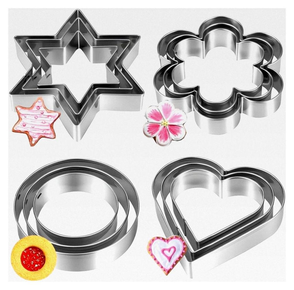 Set von 12 Ausstechformen aus Edelstahl, Herz, Blume, Rund, Sternform für Kekse, Fondant und Plätzchen