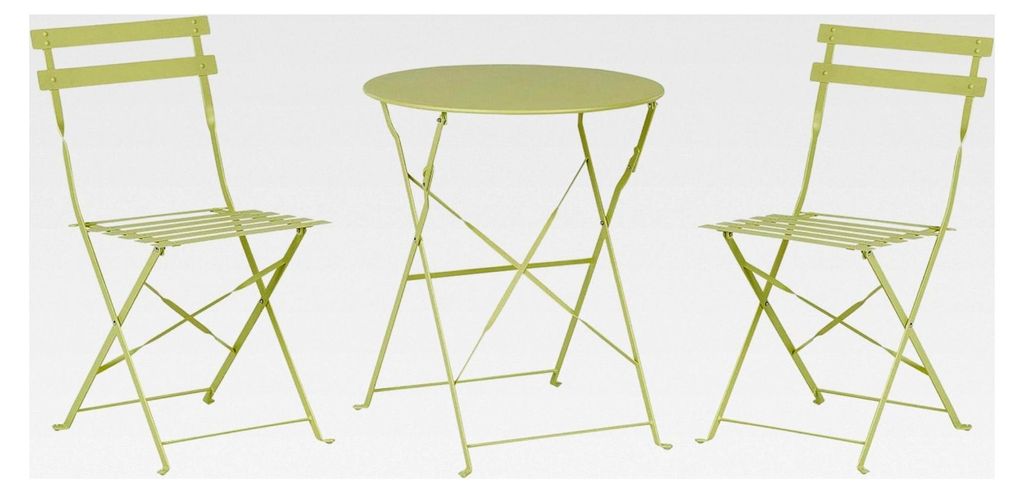 Balkonset Metall limettengrün 3-teilig runder Tisch mit 2 klappbaren Stühlen