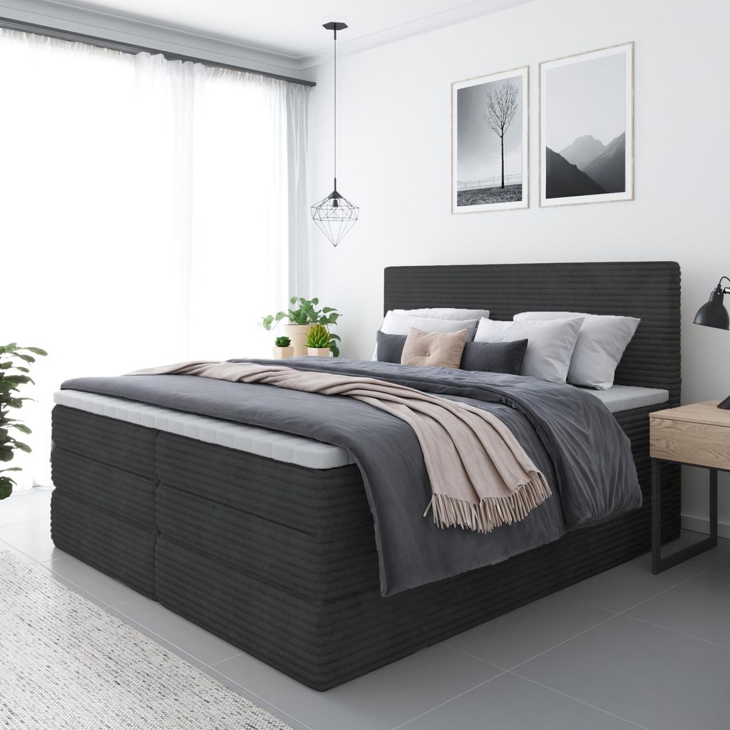 Bett, Boxspringbett ZENO PLUS mit 2-Matrazen und VISCO Topper, Doppelbett, Stauraum, Schlafzimmer, Polsterbett, 200x200 cm (Schwarz - Tilia 100)