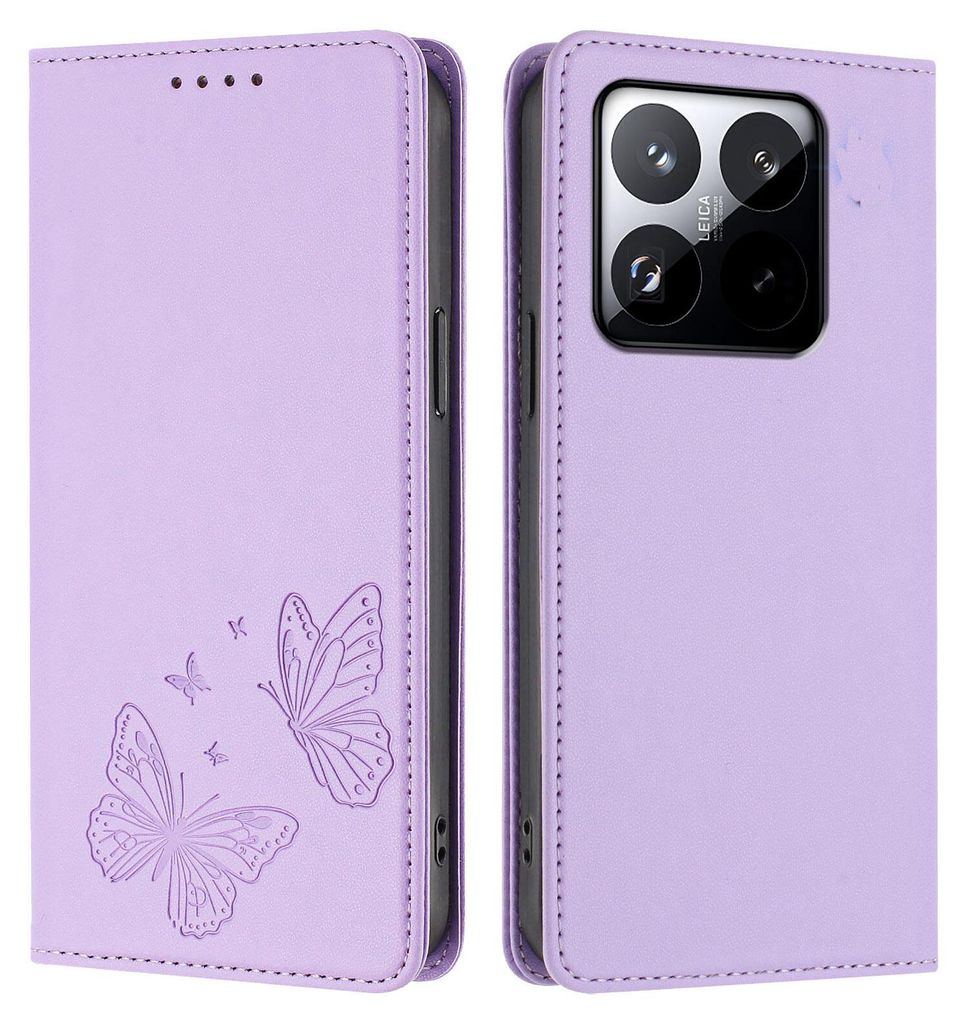 Lederhülle für Xiaomi 15T, Schmetterling Prägung Leder Brieftasche Schutzhülle mit Ständer Violett