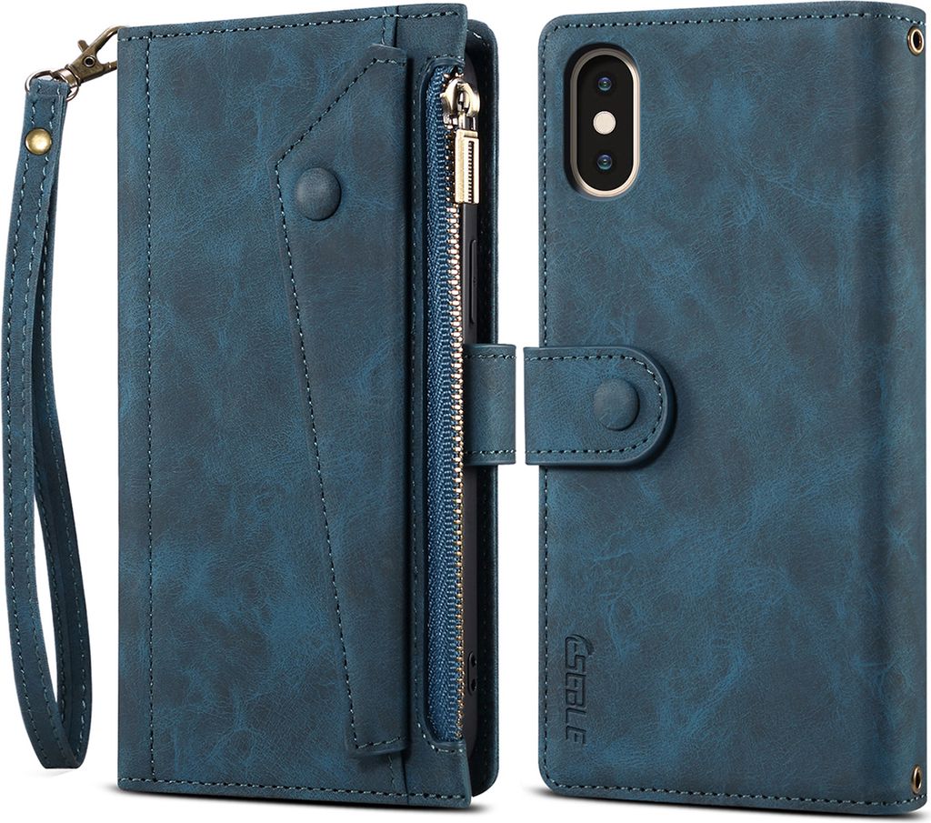 Schutzhülle für iPhone X / iPhone XS Reißverschluss Hülle, Leder Klapphülle Kartenfach Standfunktion Brieftasche mit Trageband Blau